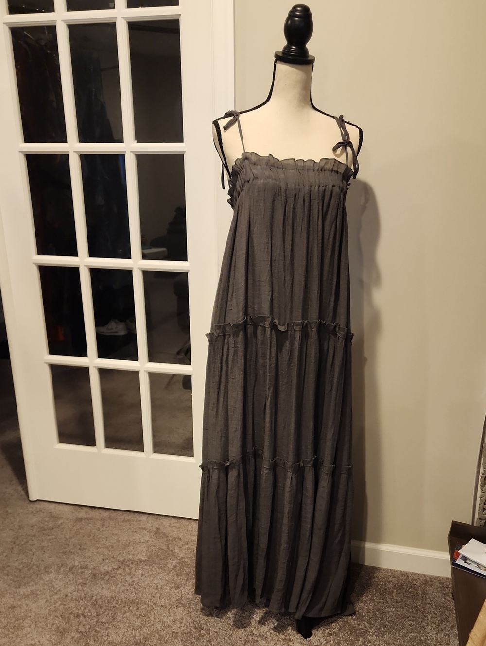Flowing Charcoal Tiered Maxi Dress with Tie Shoulder Straps